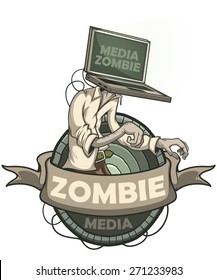Man with laptop media zombies instead of the head. Label isolated