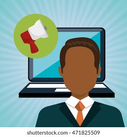 man laptop megaphone speak vector illustration design
