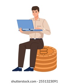 Hombre con la minería del ordenador portátil Bitcoin aislado