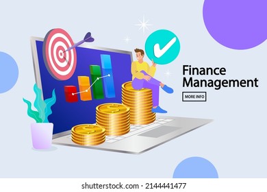 Man with Laptop and Money on Screen. Online Shop Market Efficiency Monitoring and Research. Financial Balance, Accounting, Shopping. Landing web page template. Business plan. Flat cartoon vector.