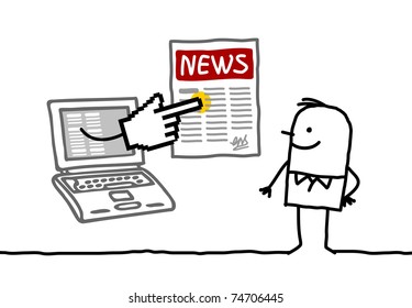 man with laptop and news online