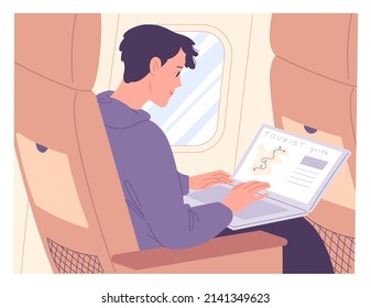 Man with laptop on airplane while in flight