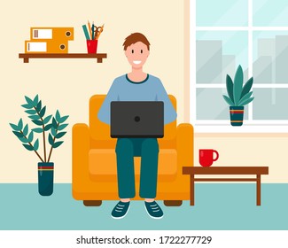 Man with laptop on the armchair at home near the window. Living room interior with workplace. Work at home or freelance concept. Vector illustration.
