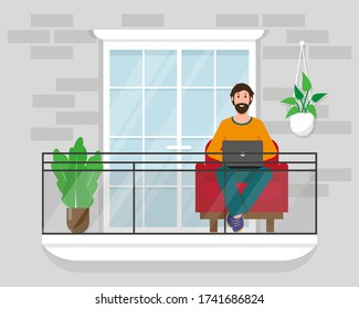 Man with laptop on the balcony with chair and plants.  Stay at home, work online or freelance concept vector illustration. 