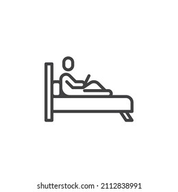 Man with laptop on bed line icon. linear style sign for mobile concept and web design. Person with laptop in bedroom outline vector icon. Symbol, logo illustration. Vector graphics