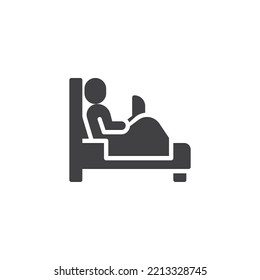 Man with laptop on bed vector icon. filled flat sign for mobile concept and web design. Freelance, online education glyph icon. Symbol, logo illustration. Vector graphics