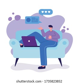 Man with laptop on chair chatting design, Message chat and communication theme Vector illustration