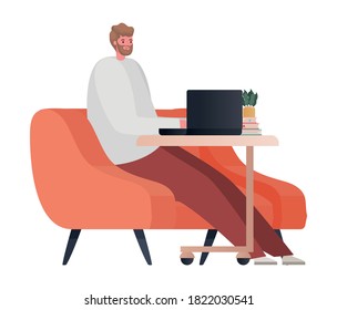 Man with laptop on chair working design of Work from home theme Vector illustration