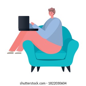 Man with laptop on chair working design of Work from home theme Vector illustration