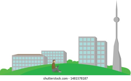 man with laptop on cityscape