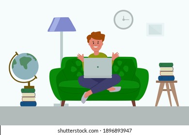 A man with a laptop on the couch. Concept of home office, apartment interior. Freelance, study, work at home, Remote work, home office. Illustration of people with a computer at home in a flat style. 