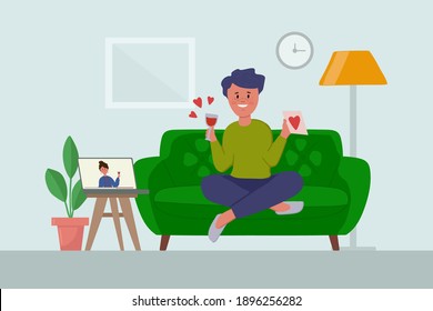 A man with a laptop on an online date. Girl with a bouquet of flowers. Date, couple in love, heart cards. The concept of social networks, a date on the phone. Online chat, phone or video call