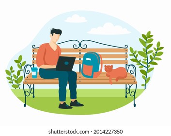 Man with laptop on park bench. Male character running outdoors with cup of coffee on green lawn. Cat is resting next to backpack. Work in natural interior. Vector flat illustration