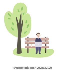 
A man with a laptop on a park bench. Workplace in nature.
