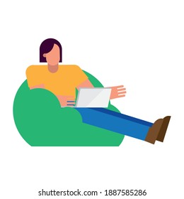 Man with laptop on puf working from home design of telecommuting theme Vector illustration