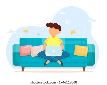 Man with laptop on the sofa. Freelance or studying concept. Concept illustration for working, freelancing, studying, education, work from home. Vector illustration in flat cartoon style.