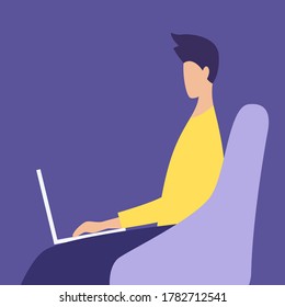 Man with laptop on the sofa. Freelance or studying concept. Cute illustration in flat style.