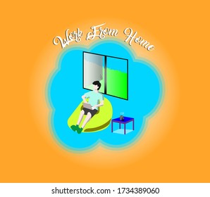 A man with a laptop over a window. work from home concept