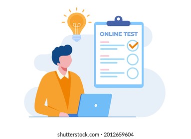 Man with a laptop passing online test and checking answers. Flat vector illustration