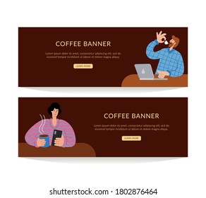 A man with a laptop and a phone is drinking coffee. Set of vector banners with coffee. Menu for restaurant, cafe, bar, coffeehouse.