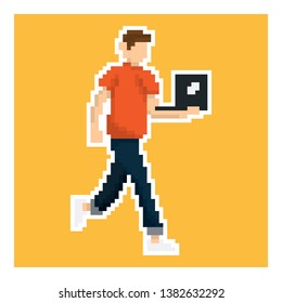 man with laptop in pixel art