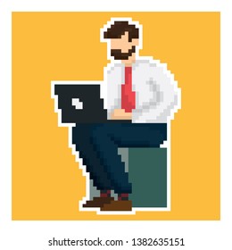 man with laptop in pixel art