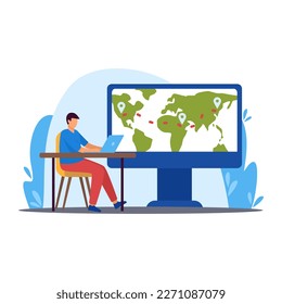 Man with laptop planning vacation around world color 2d vector graphic. Person on background of huge screen manages journey route. Travel business cartoon illustration, flat art