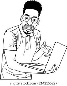 man with a laptop pointing finger on to the screen with a surprised face wearing glasses