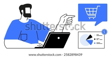 Man with a laptop points at a shopping cart icon, analyzing a pie chart with a dollar sign. Ideal for e-commerce, online shopping, business analysis, marketing, finance, digital sales, market