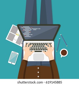 Man with laptop Programming and coding source code.Software coding,testing,debugging.Mobile apps programming.SEO.Search engine. Programming languages for code learning.