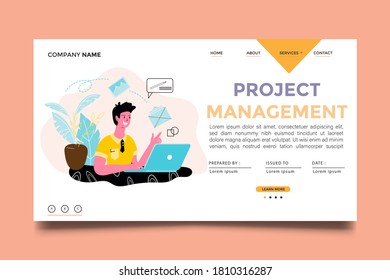 Man at laptop. Project management Design for website home page landing template. Vector illustration.