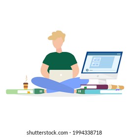 man with laptop with raised hand, vector illustration