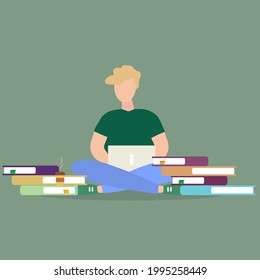 man with laptop with raised hand, vector illustration