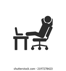 Man With Laptop Reclined In Chair, Vector Icon. Feet On His Desk. Monochrome Black And White Symbol