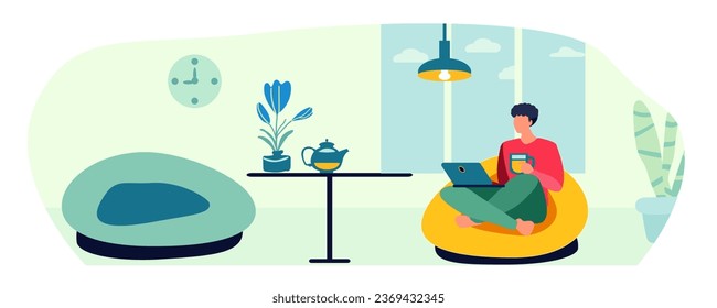 Un hombre con una laptop descansa en una silla. Interior, noche, habitación, sillón, ventana, iluminación, taza, té, café, relajación. Ilustración vectorial.