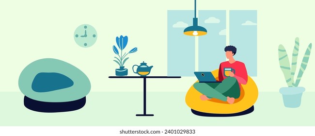 A man with a laptop is resting in a chair. Interior. Vector illustration.