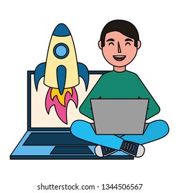 man with laptop rocket