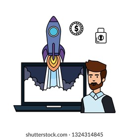 man with laptop and rocket start up