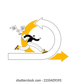 A man with a laptop runs along the arrow. Vector illustration on the topic of agile methodology.