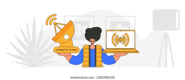 A man with a laptop and satellite dish for the internet of things, illustrated with a modern vector style.