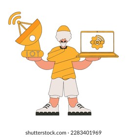 Man with laptop and satellite dish for internet.enabled gadgets.