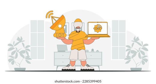 .Man with laptop and satellite dish for IoT, vector styled to look modern.