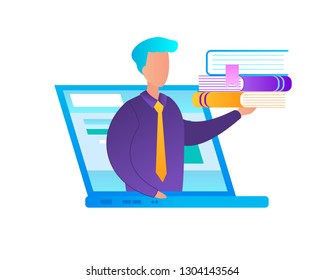 Man at Laptop Screen Holding Heap of Books on Hand Isolated on White Background. Teacher and Online Courses. E-Learning, Training, Gaining Knowledge, Flat Vector Illustration, Icon, Clip art.