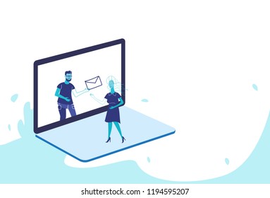 man from laptop screen send envelope woman business people online chat communication concept internet messenger application horizontal vector illustration