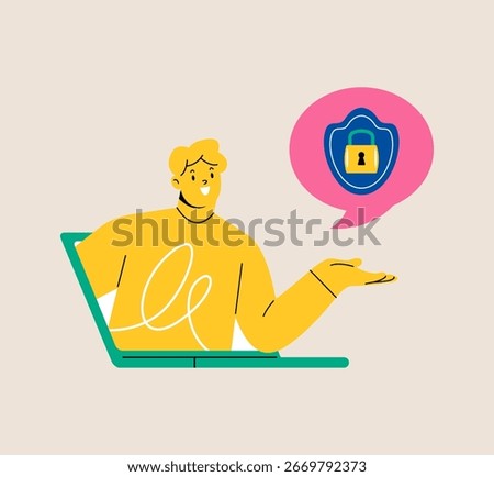 Man with laptop with security measures. Colorful vector illustration
