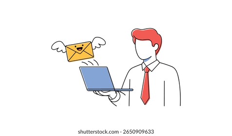 Man with laptop sending email flying with wings and happy face illustration