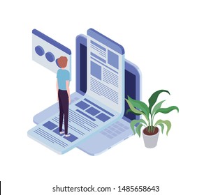 man with laptop and sheets of paper on white background