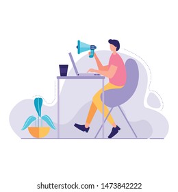 Man With Laptop Shouting by megaphone vector illustration