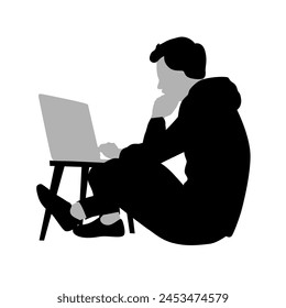 Man with laptop silhouette, business man working on laptop, man using computer remote working silhouette