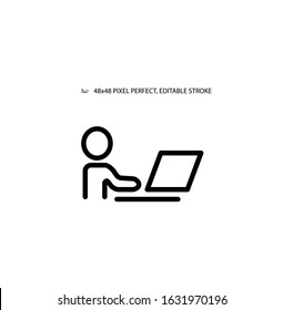 Man at laptop simple line icon vector illustration. Editable stroke. 48x48 Pixel Perfect.